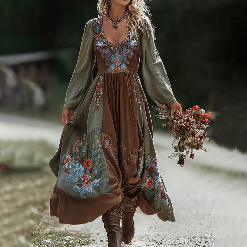 Retro Boho Linen Ethnic Art Loose Maxi Dress elevenforest