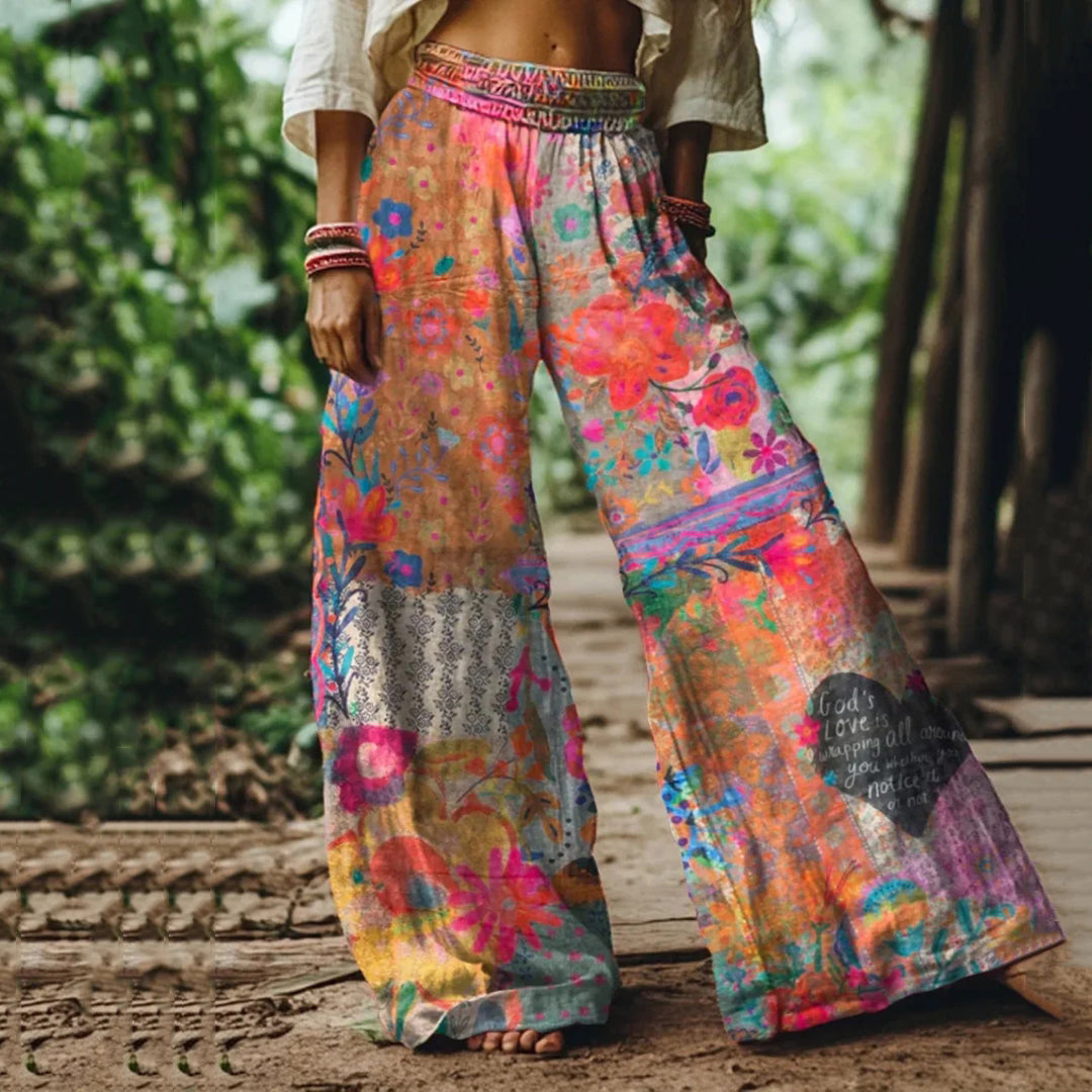 Comstylish Vintage Bohemia Floral Pattern Women's Linen Blend Casual Pants