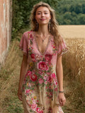 Boho Ethnic Floral Print Women's Linen V-neck Short Sleeve Maxi Dress elevenforest