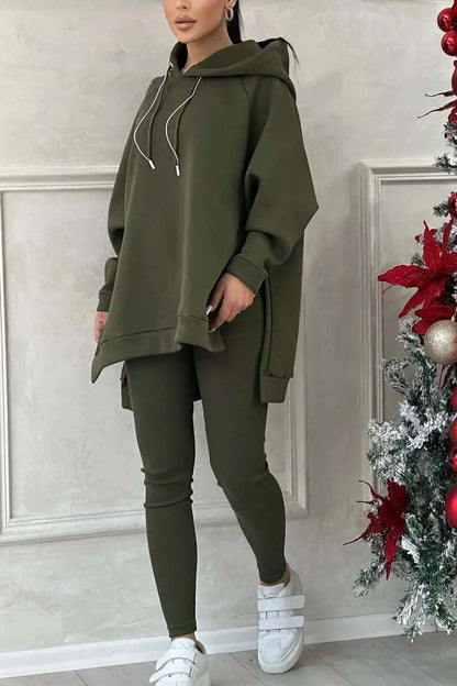 Color Slit Hem Hooded Sweatshirt Sports Suit