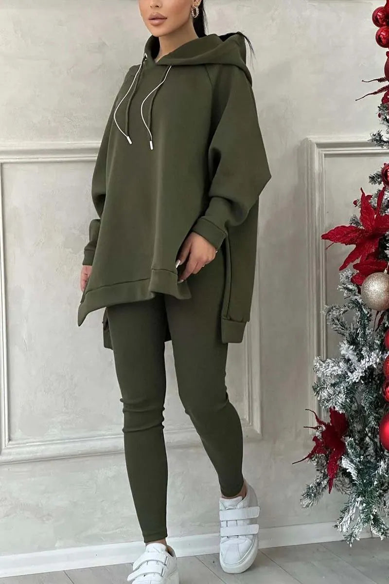 Color Slit Hem Hooded Sweatshirt Sports Suit