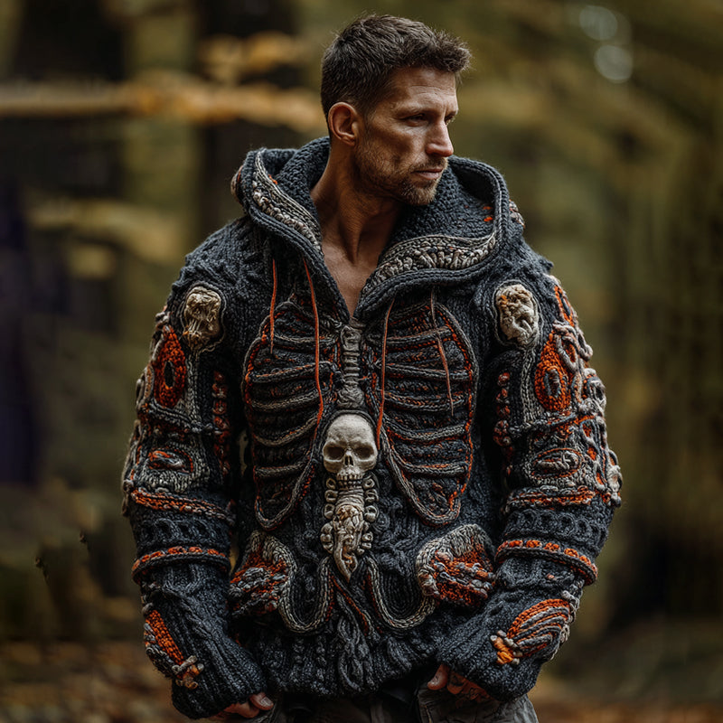 Men's Vintage Human Organ Skull Cozy Knit Hooded Sweater elevenforest