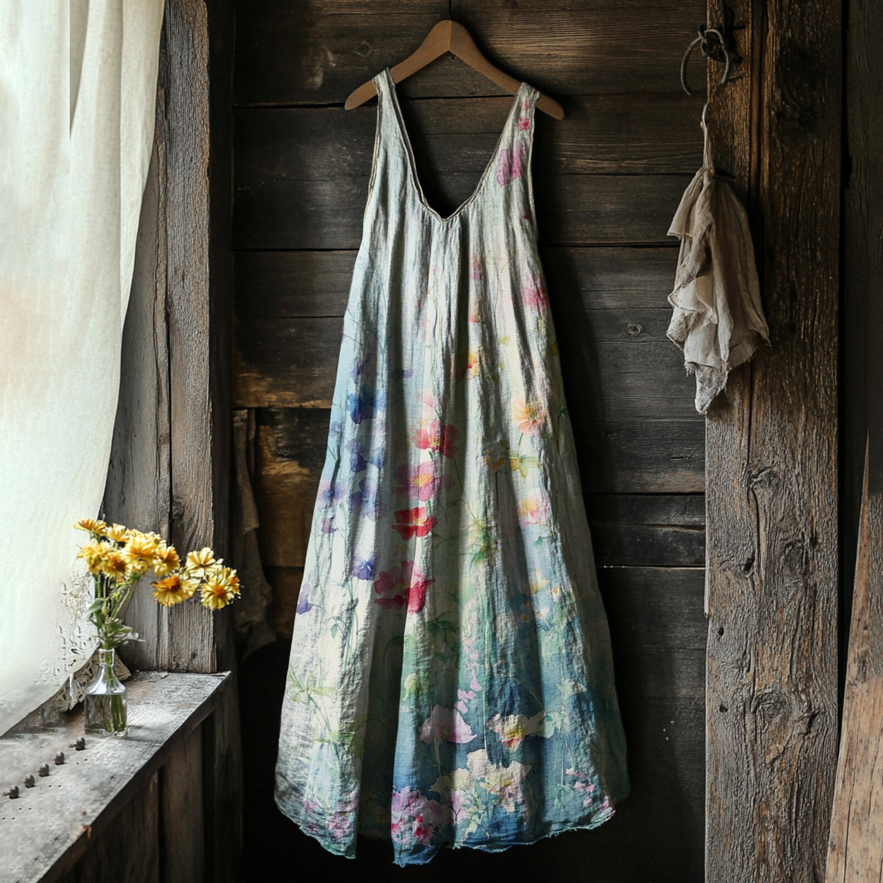 Vintage Floral Painting Art Linen Comfy Tank Dress elevenforest