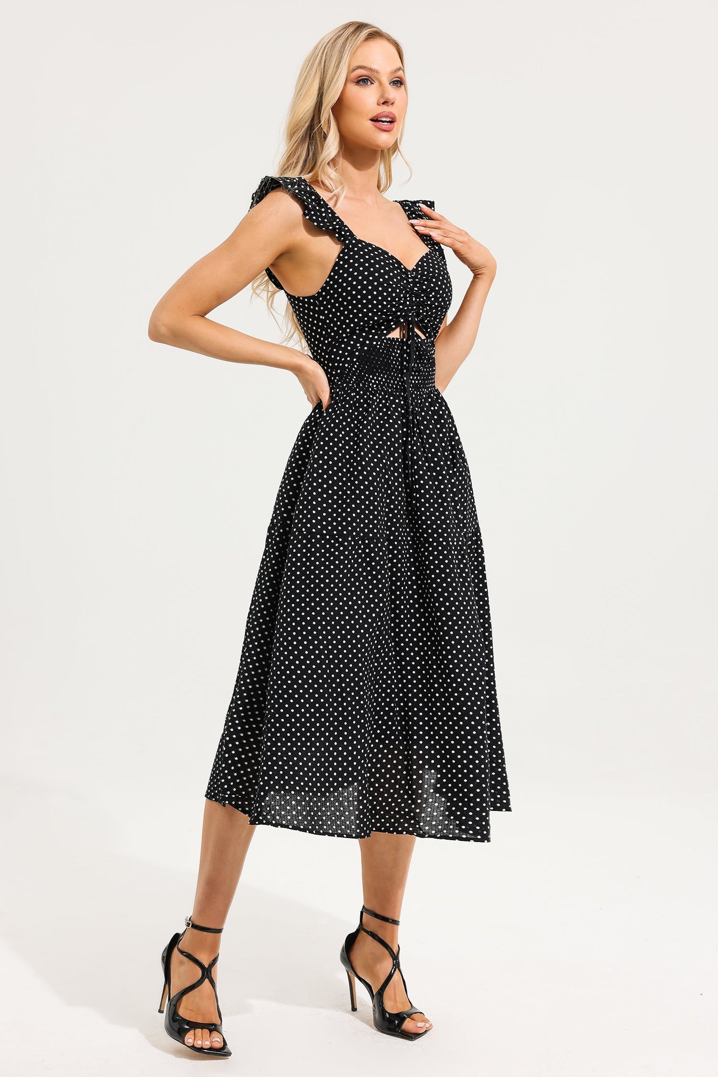 Polka Dot Ruffle Knotted Midi Dress