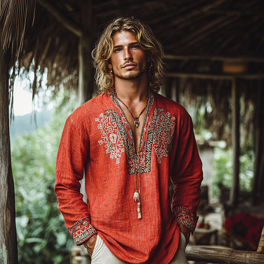 Men's Retro Bohemian Linen Printed Casual Long Sleeve Tops elevenforest