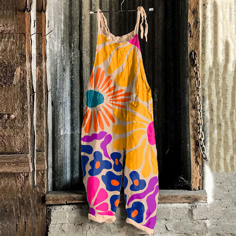 Women's Abstract Art Floral Print Linen Blend Jumpsuit elevenforest