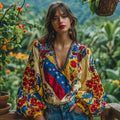 Women's Venezuela Flag Floral Art V-neck Long Sleeve Tunic elevenforest