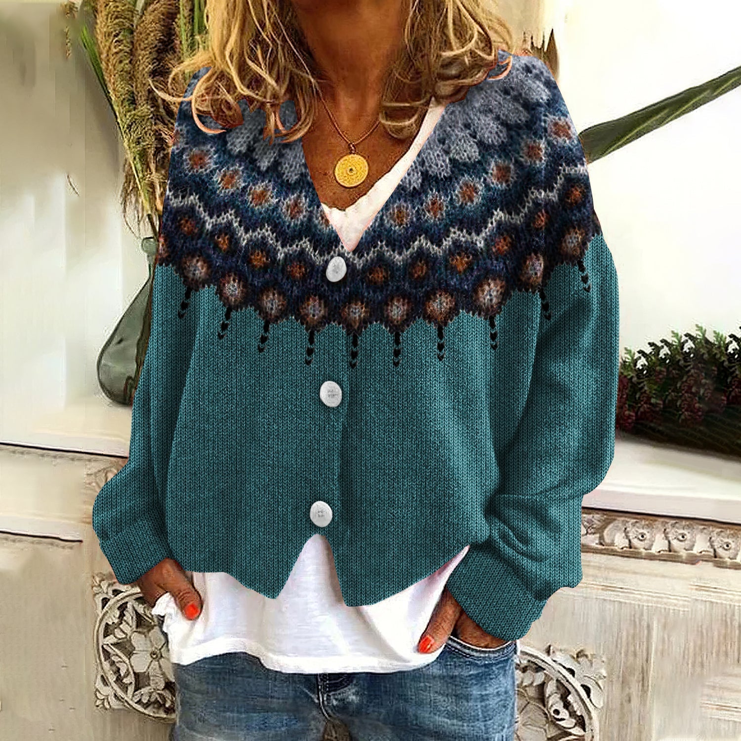 Retro Icelandic Pattern Knitted V Neck Button Cozy Sweater elevenforest