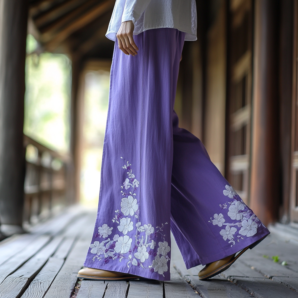 Retro Boho Floral Embroidery Art Cotton Linen Wide Leg Pants elevenforest