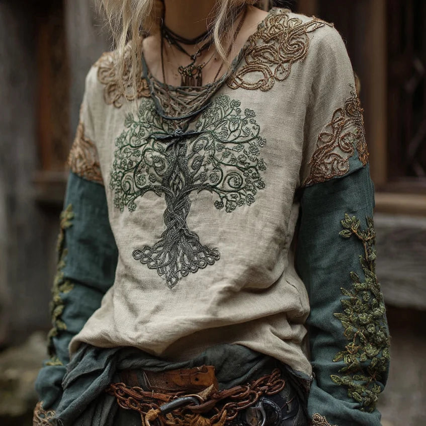 Women's Vintage Viking Celtic Knot Embroidered Art Long Sleeve Linen Shirt elevenforest