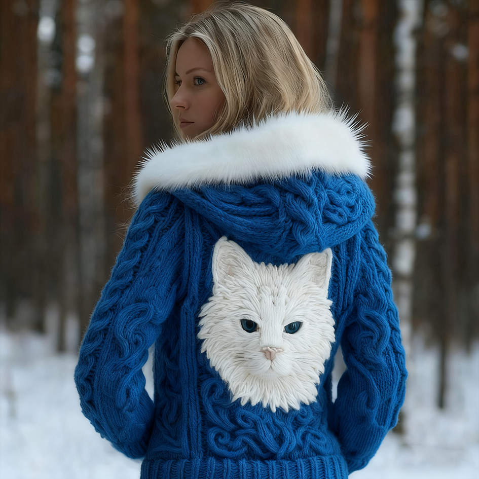 Comstylish Viking Retro Cat Design Women's Hooded Knit Sweater Jacket