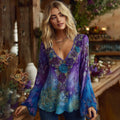 Classy Gradient Purple And Blue Lavender And Floral Embroidered Linen Long Sleeve Shirt elevenforest