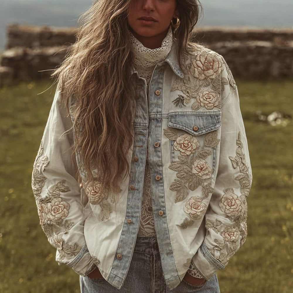 Women's Vintage Floral Embroidery Long-sleeved Denim Jacket elevenforest