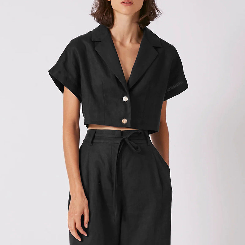 Summer French Cotton Linen Short Collared Shirt Urban Design Pure Linen Short Sleeve Tup Cardigan