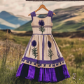 Vintage Boho Scottish Thistle With Plaid Patchwork Embroidered Cozy Linen Midi Dress elevenforest