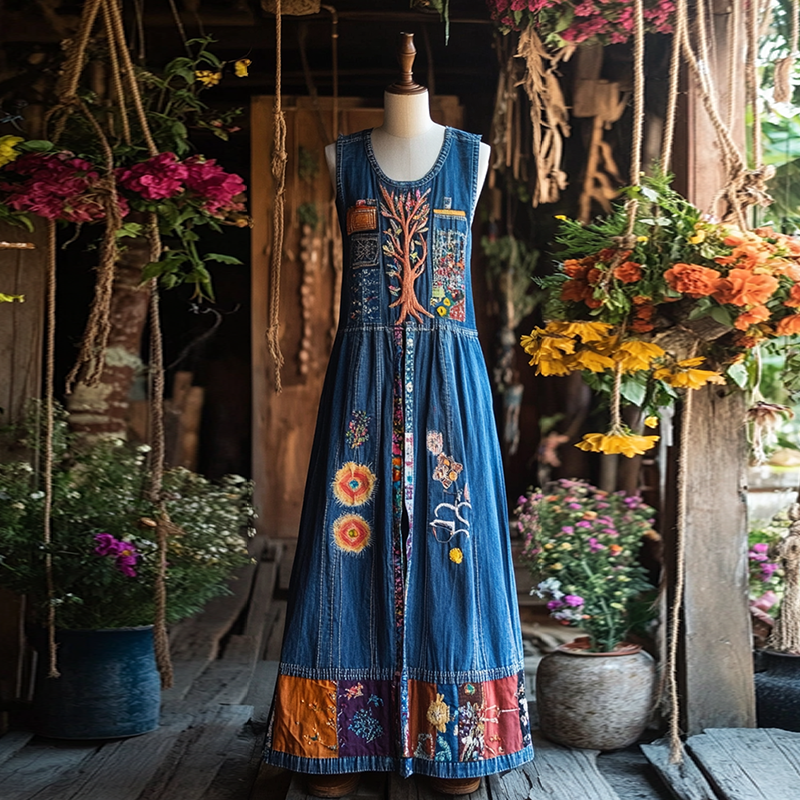 Women's Vintage Tree Of Life Floral Patch Comfort Long Dress elevenforest
