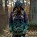 Women's Viking Tribal Jacquard Celtic With Rose And Skull Inspired Chunky Knit Hooded Sweater elevenforest