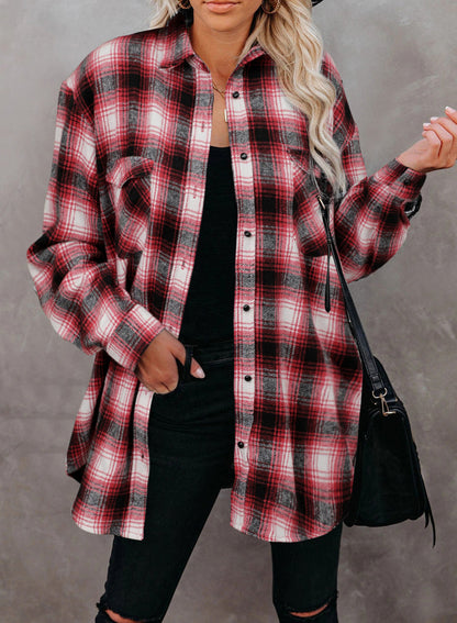 Clothing Autumn Winter Plaid Shirt Mid-length Loose Lapels Cardigan Shirt