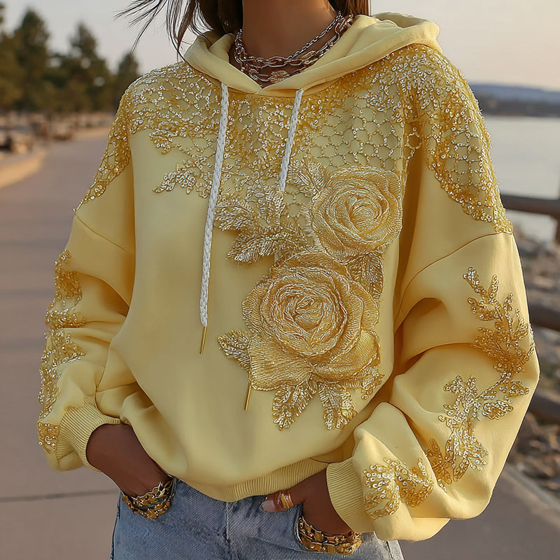 Women's Retro Yellow Rose And Honeycomb Pattern Casual Hoodie elevenforest