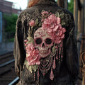 Sugar Skull Pink Flowers Beaded Washed Denim Jacket elevenforest