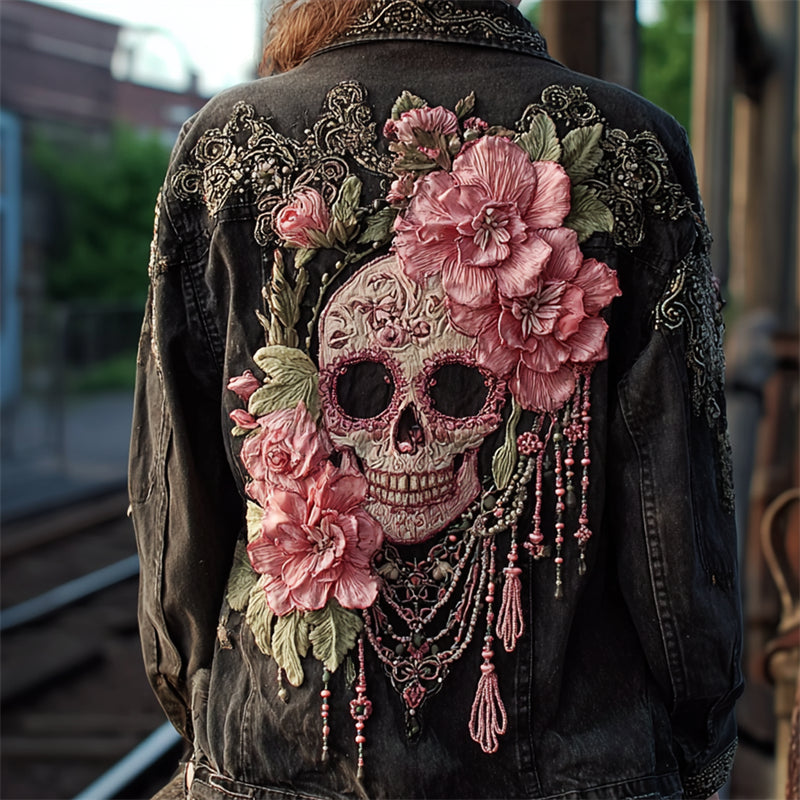 Sugar Skull Pink Flowers Beaded Washed Denim Jacket elevenforest