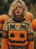 Comstylish Vintage Halloween Cats & Pumpkin Face Isle Pattern Cozy Knit Sweater