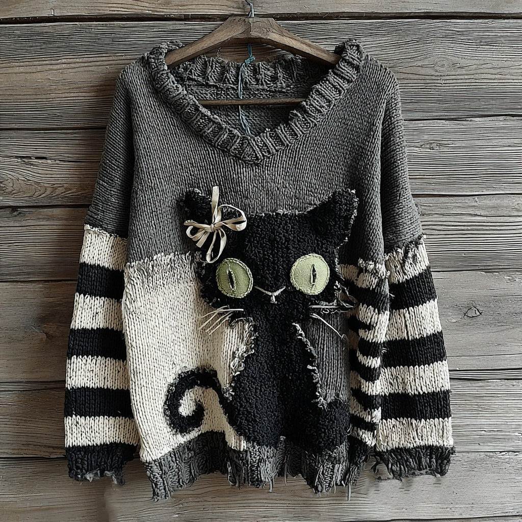 Comstylish Halloween Black Cat Striped Patchwork Knitted V-neck Sweater