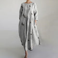 Casual Cotton And Linen Crane Print Women'S Round Neck Dress elevenforest