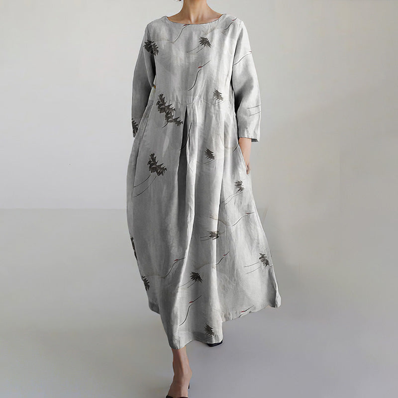 Casual Cotton And Linen Crane Print Women'S Round Neck Dress elevenforest