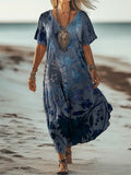 Women's Simple Flower Art Print V Neck Pocket Cotton Dress