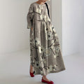 Japanese Art Flower Print Long Sleeves Loose Midi Dress elevenforest