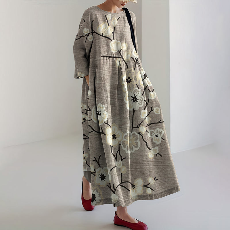Japanese Art Flower Print Long Sleeves Loose Midi Dress elevenforest