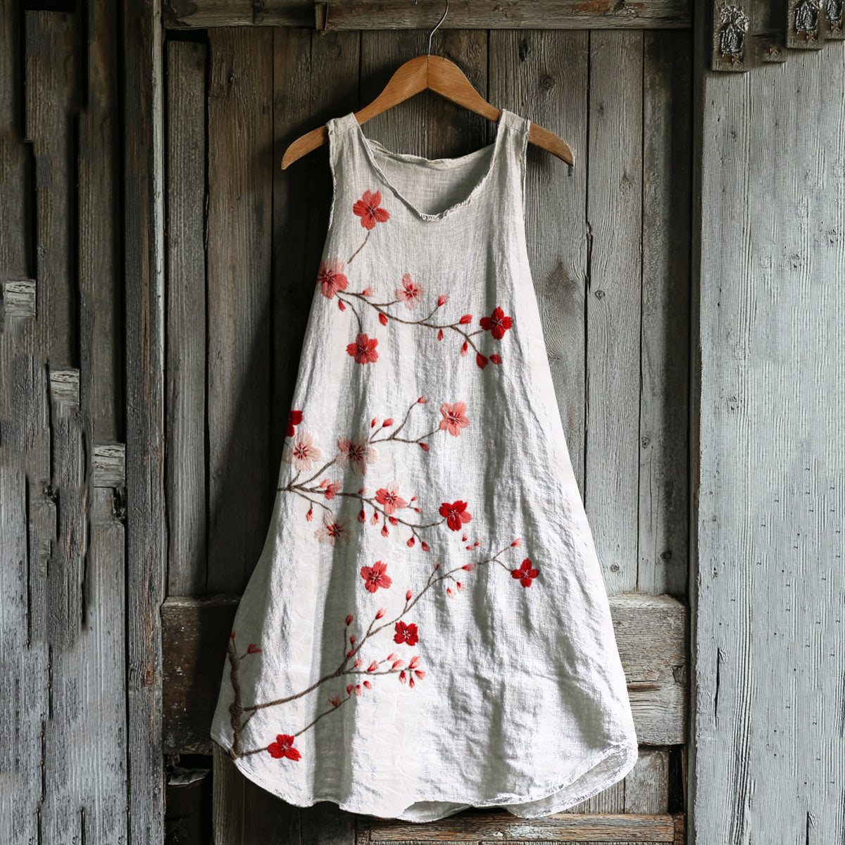 Vintage Cherry Blossom Art Linen Blend Tank Dress elevenforest