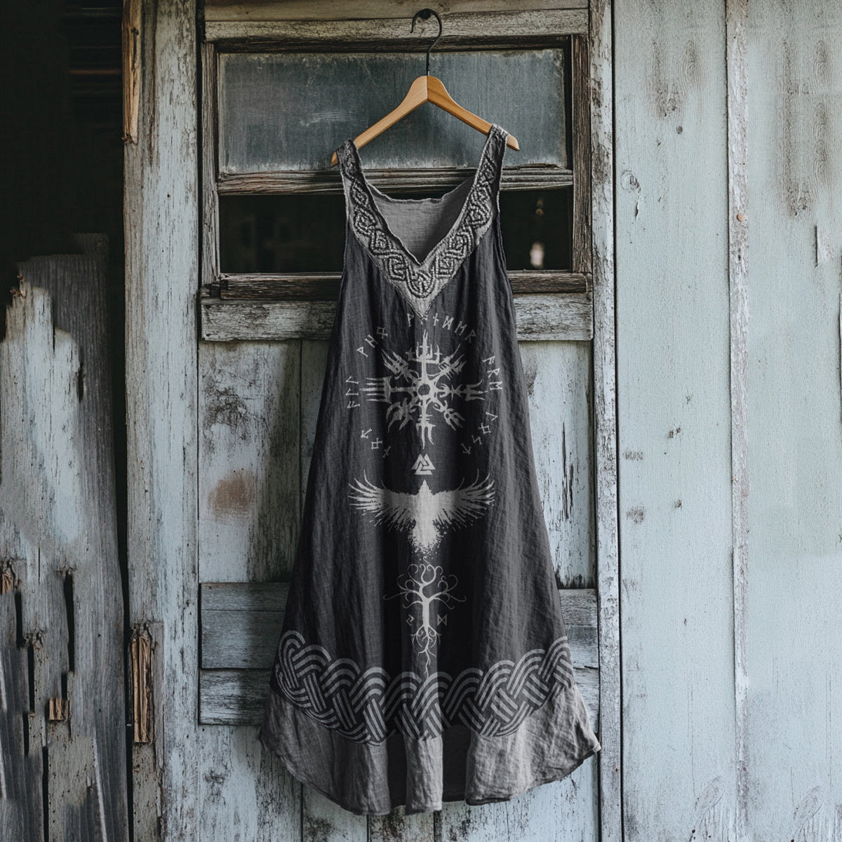 Women's Viking Tribal Bird Totem Linen Tank Dress elevenforest