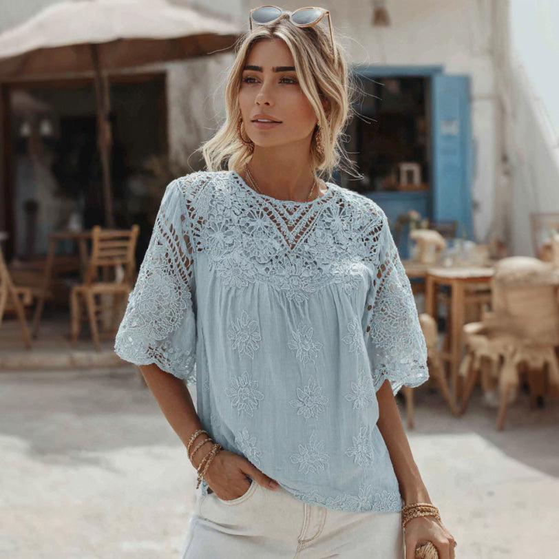 Women's Lace Embroidered Floral Linen Crew Neck T-shirt elevenforest