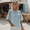 Women's Lace Embroidered Floral Linen Crew Neck T-shirt elevenforest