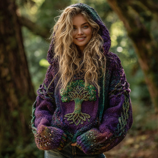 Comstylish Women's Vintage Tree Of Life Celtic Gradient Art Knit Cozy Hooded Sweater