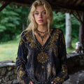 Mysterious Sun Divination Art V-neck Tie-dyed Linen Top elevenforest
