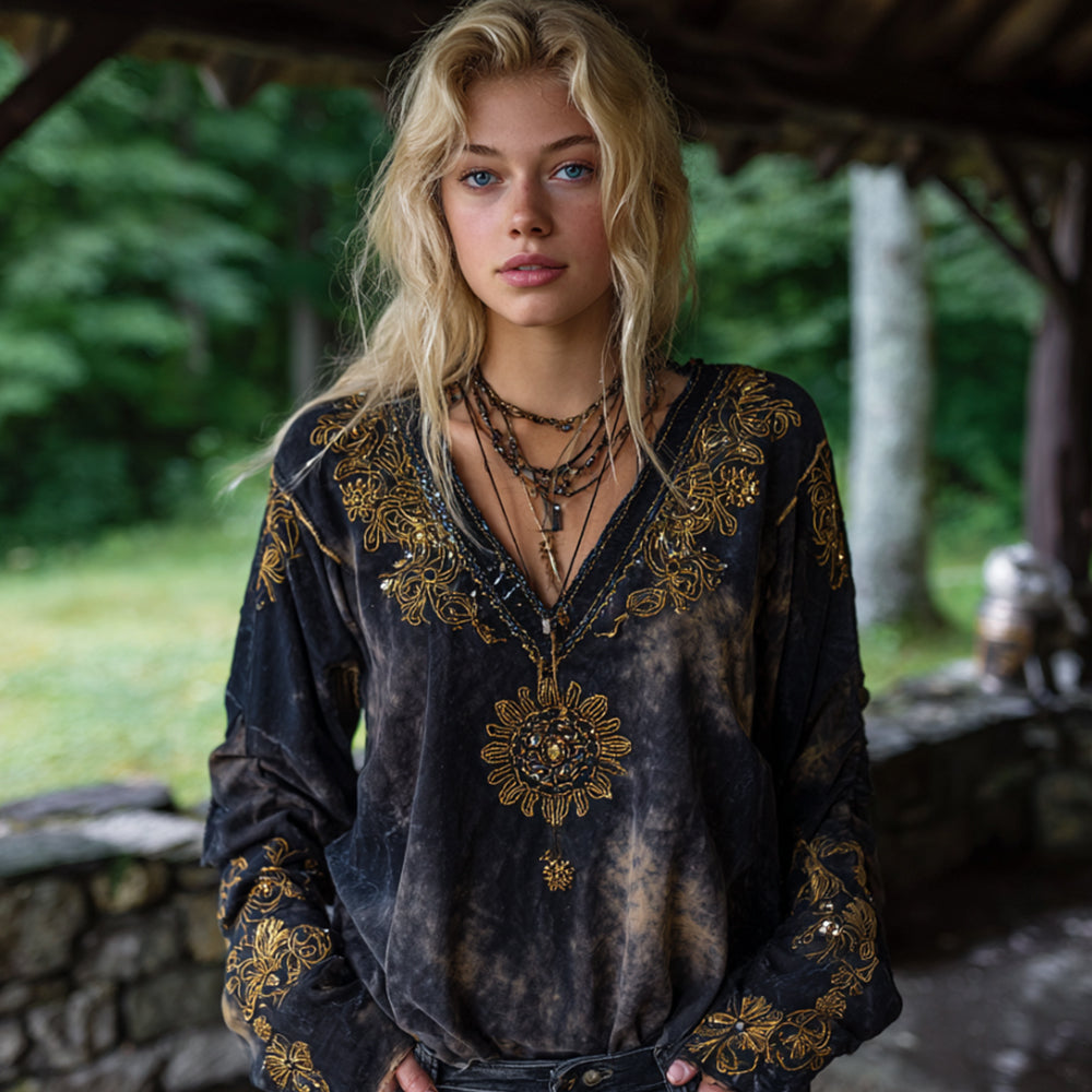 Mysterious Sun Divination Art V-neck Tie-dyed Linen Top elevenforest
