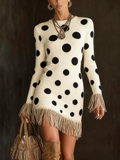 Print Textured Knitted Tassel Long Sleeve Mini Dress