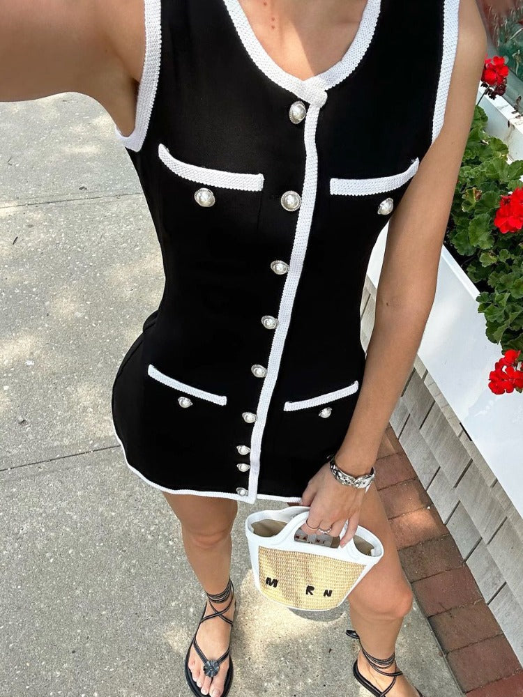 Tossy Sleeveless Patchwork Mini Dress With High Waist Pocket Cardigan
