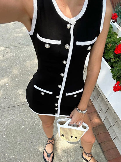 Tossy Sleeveless Patchwork Mini Dress With High Waist Pocket Cardigan