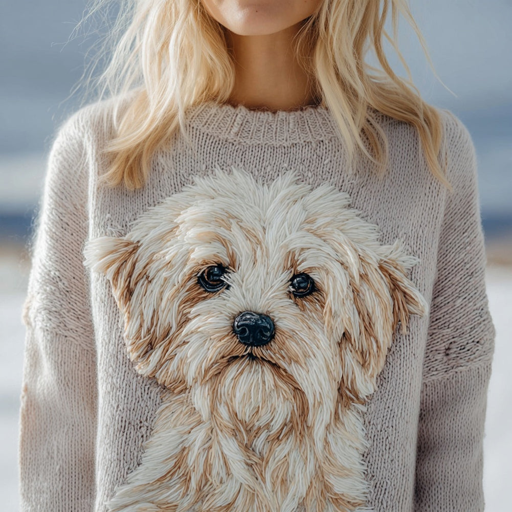Comstylish Lovely Fuzzy Dog Embroidered Crew Neck Cozy Sweater
