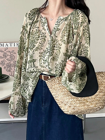 Loose Printed Sun Protection Balloon Sleeves V-neck Blouses