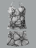 Line Flower V-Neck Vintage Flowers Print Suspender Skirt Tankini Pantskirt Set Swimsuit