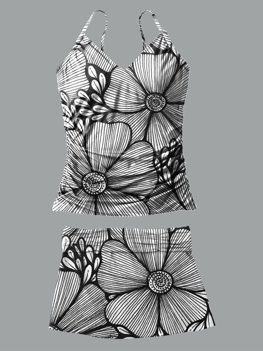Line Flower V-Neck Vintage Flowers Print Suspender Skirt Tankini Pantskirt Set Swimsuit