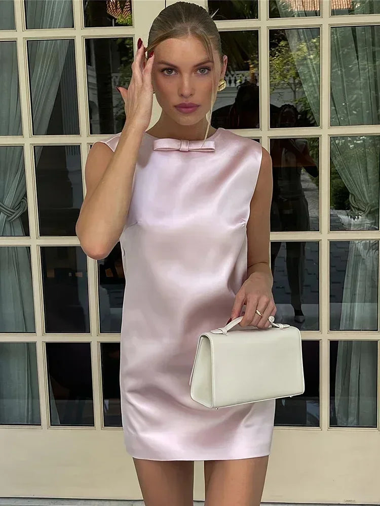 Taruxy Satin Mini Dress for Backless Bow Clothes Sleeveless Tank Dresses Femme Party Evening Dress Woman