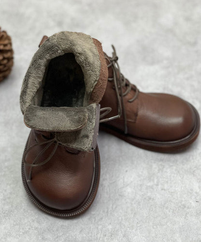 Chocolate Boots Cowhide Leather Warm Fleece Lace Up Boots