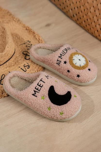 Cozy Light Pink Moon Clock Fuzzy Home Slippers