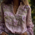 Vintage Lavender Flowers Vines Embroidered Linen Tunic elevenforest